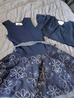 EUC -Rare Editions Navy Floral Embroidered Fit-n-Flare Dress with Polka Dot Belt